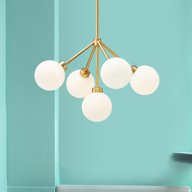 Simple Gold Chandelier Light Globe Shade 5 Lights Milk Glass G9 Hanging Light for Restaurant