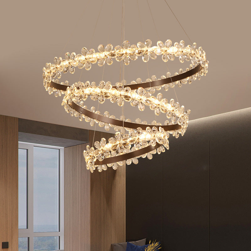 Ultra-modern Circle Hanging Chandelier Clear Crystal Hanging Lamp with Flower Decoration for Restaurant