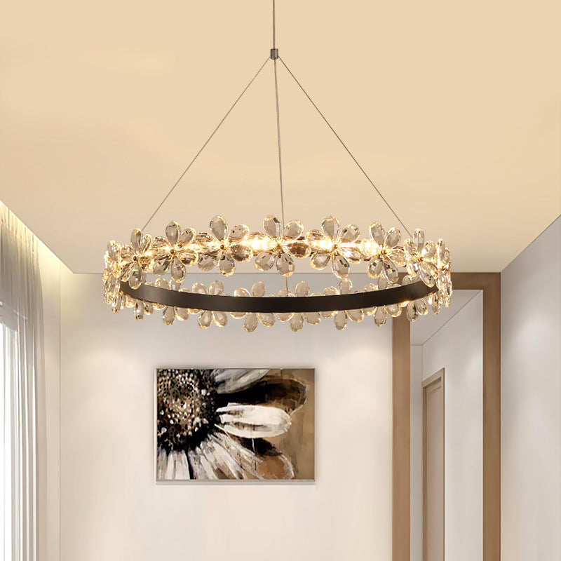 Ultra-modern Circle Hanging Chandelier Clear Crystal Hanging Lamp with Flower Decoration for Restaurant