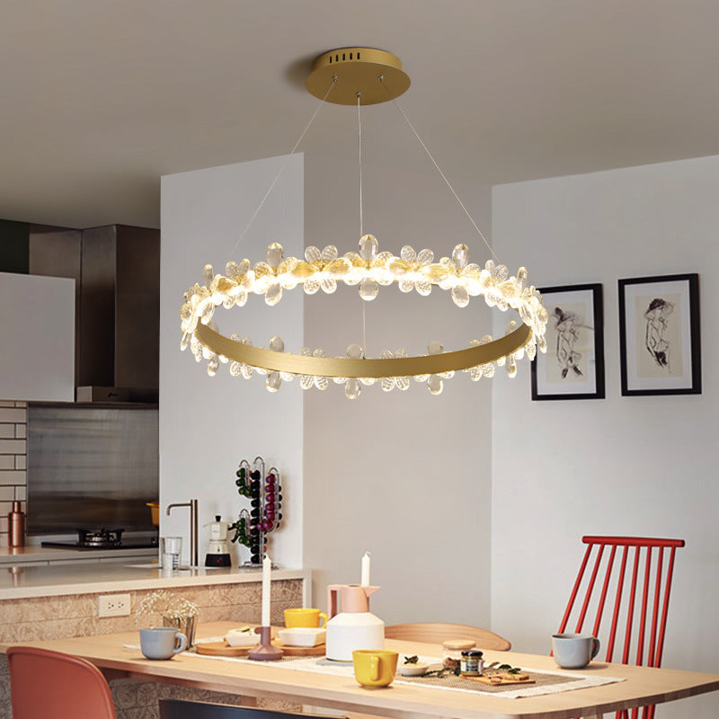 Ultra-modern Circle Hanging Chandelier Clear Crystal Hanging Lamp with Flower Decoration for Restaurant
