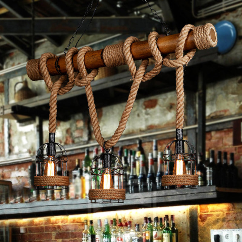 Linear Bamboo Island Lighting Rustic Style Bar Chandelier Light Fixture in Beige