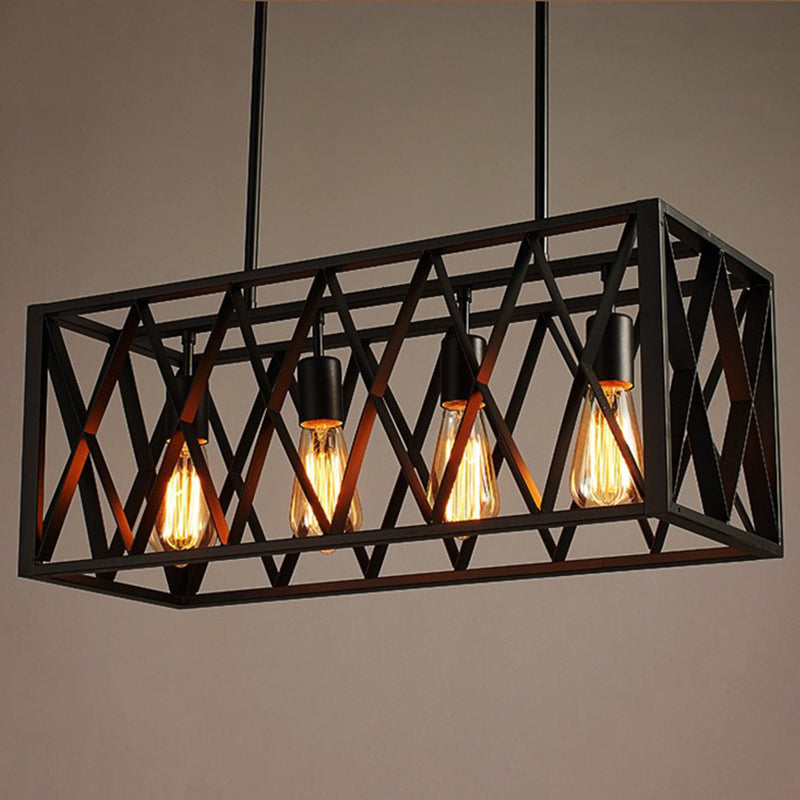 Black Cage Shape Island Pendant Light Industrial Metal Coffee Shop Chandelier Lamp