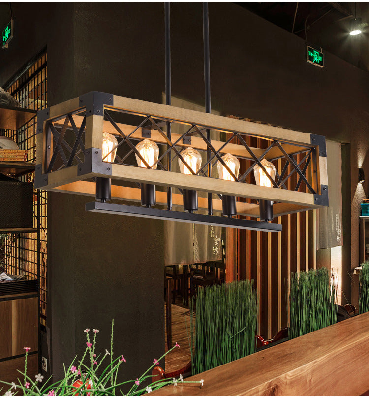 Wood Rectangular Island Chandelier Light Industrial Living Room Hanging Lamp in Beige