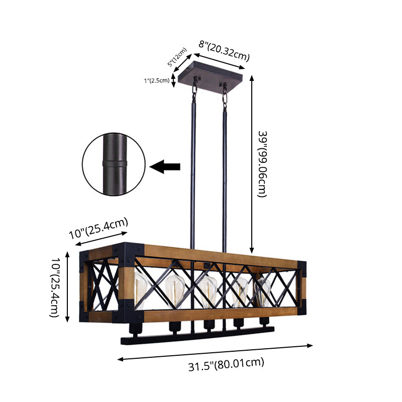 Wood Rectangular Island Chandelier Light Industrial Living Room Hanging Lamp in Beige