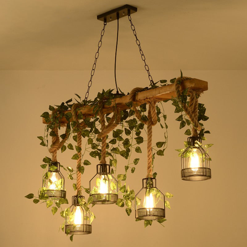 Island Pendant Light Industrial Style Linear Wood Hanging Chandelier Beige with Cage Shade