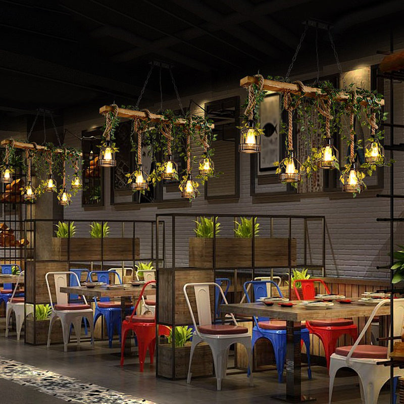 Island Pendant Light Industrial Style Linear Wood Hanging Chandelier Beige with Cage Shade