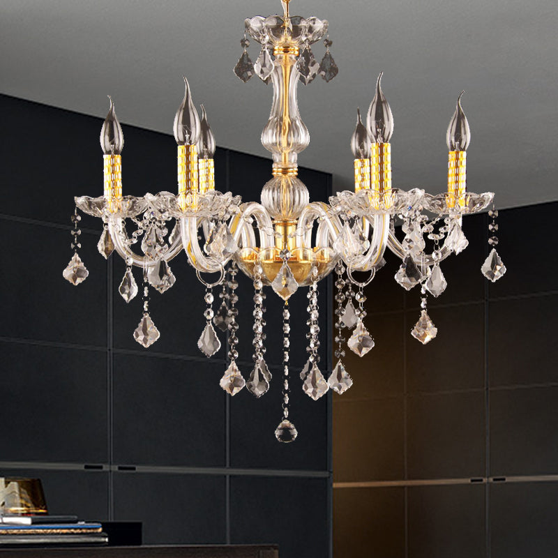 Candle Crystal Orb Chandelier Light Traditional 6 Heads Dining Room Hanging Ceiling Light in Gold