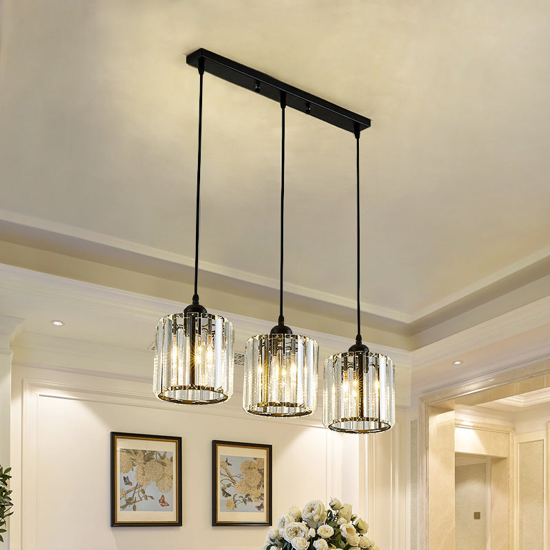Modern Pendant Lighting Fixture Black Cylindrical Suspension Light with Crystal Shade