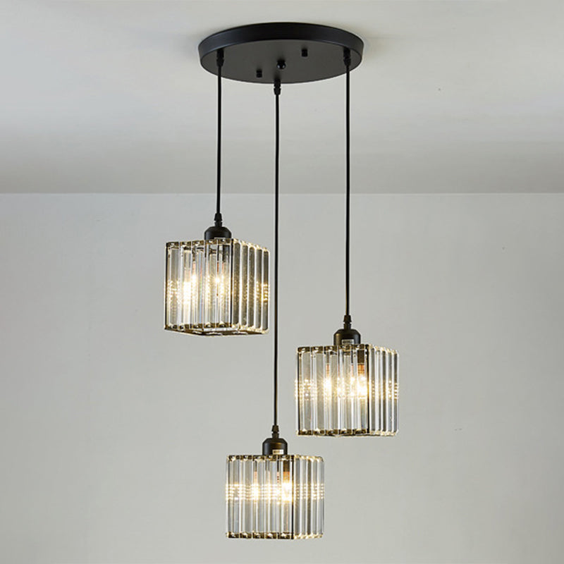 Modern Pendant Lighting Fixture Black Cylindrical Suspension Light with Crystal Shade