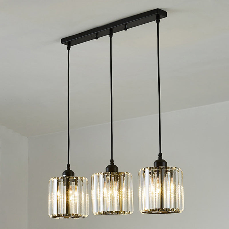 Modern Pendant Lighting Fixture Black Cylindrical Suspension Light with Crystal Shade