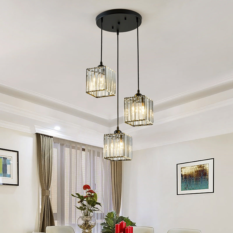 Modern Pendant Lighting Fixture Black Cylindrical Suspension Light with Crystal Shade
