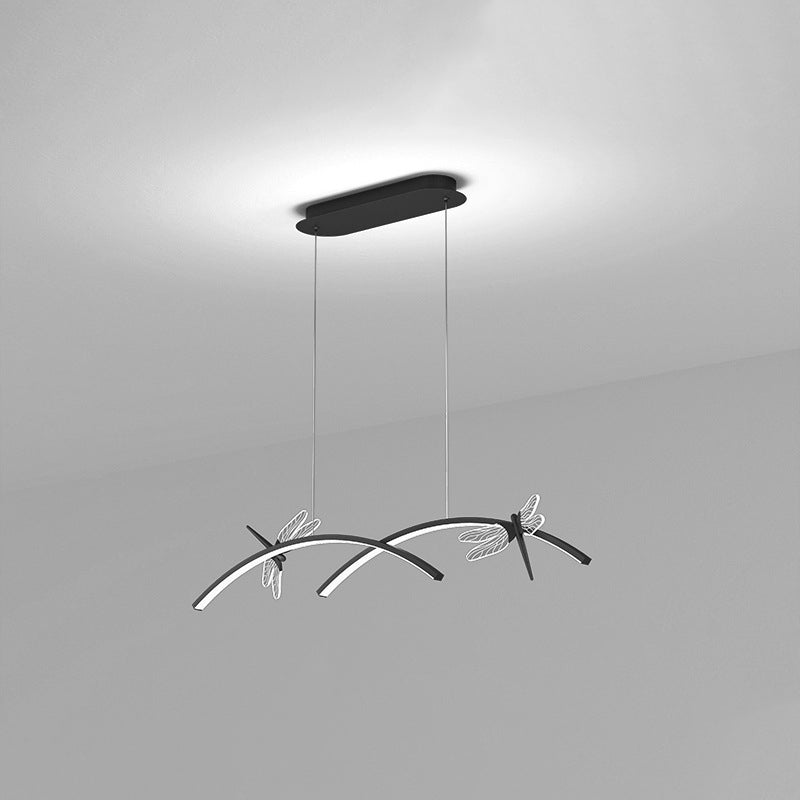 Curve Linear LED Island Pendant Minimalist Metal Restaurant Ceiling Light with Dragonfly Decor