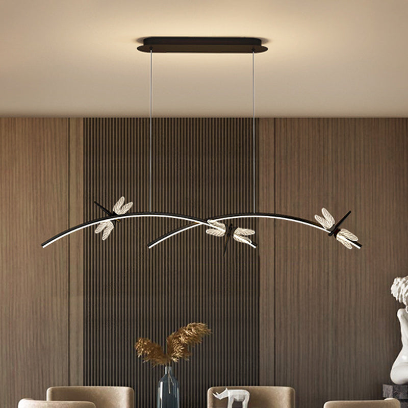 Curve Linear LED Island Pendant Minimalist Metal Restaurant Ceiling Light with Dragonfly Decor
