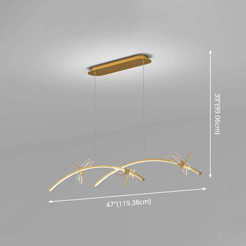 Curve Linear LED Island Pendant Minimalist Metal Restaurant Ceiling Light with Dragonfly Decor