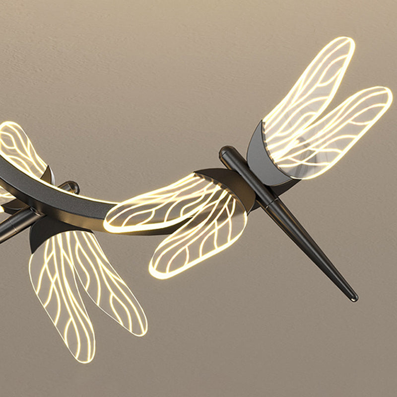 Curve Linear LED Island Pendant Minimalist Metal Restaurant Ceiling Light with Dragonfly Decor