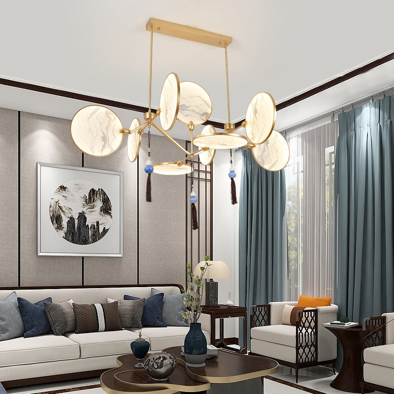 Circular Fan Shaped Island Lamp Modern Acrylic LED Tearoom Suspension Light with Landscape Print