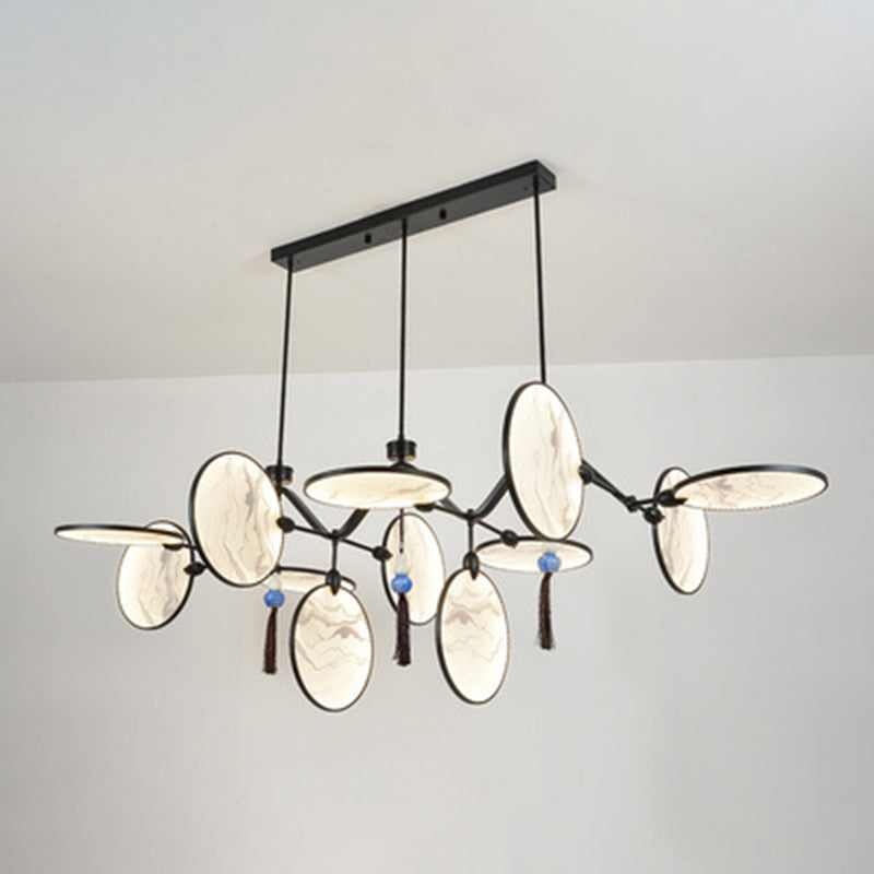 Circular Fan Shaped Island Lamp Modern Acrylic LED Tearoom Suspension Light with Landscape Print