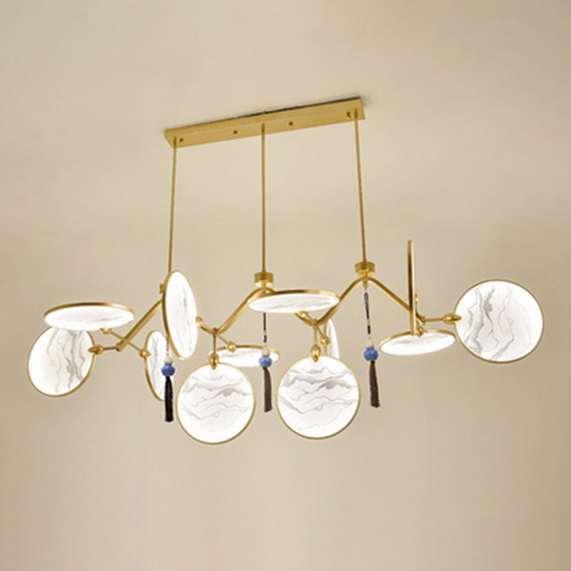 Circular Fan Shaped Island Lamp Modern Acrylic LED Tearoom Suspension Light with Landscape Print