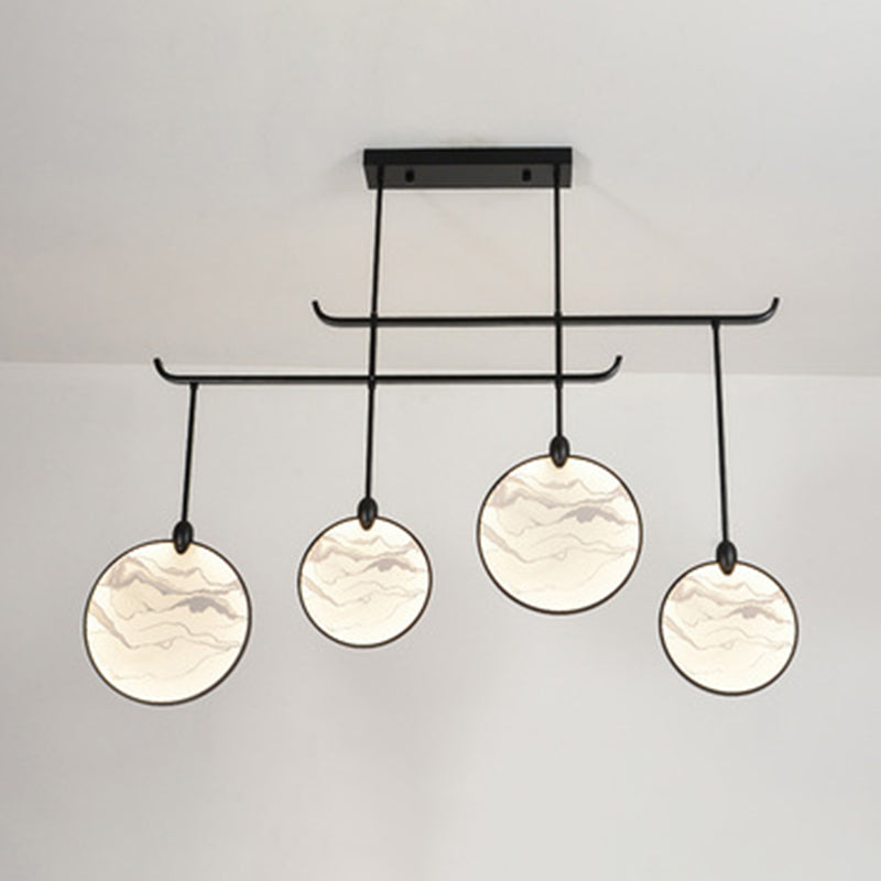 Circular Fan Shaped Island Lamp Modern Acrylic LED Tearoom Suspension Light with Landscape Print