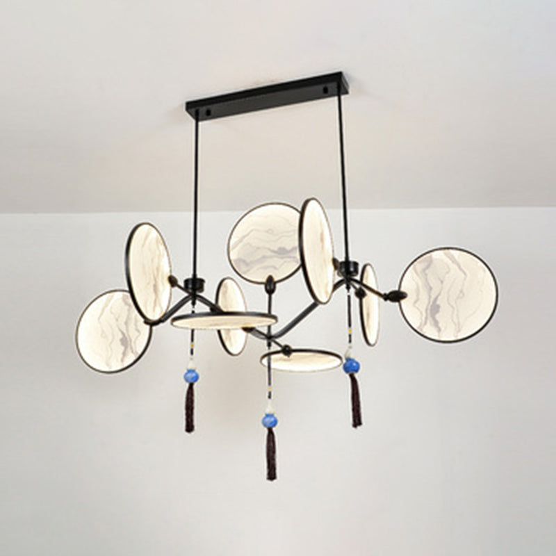 Circular Fan Shaped Island Lamp Modern Acrylic LED Tearoom Suspension Light with Landscape Print