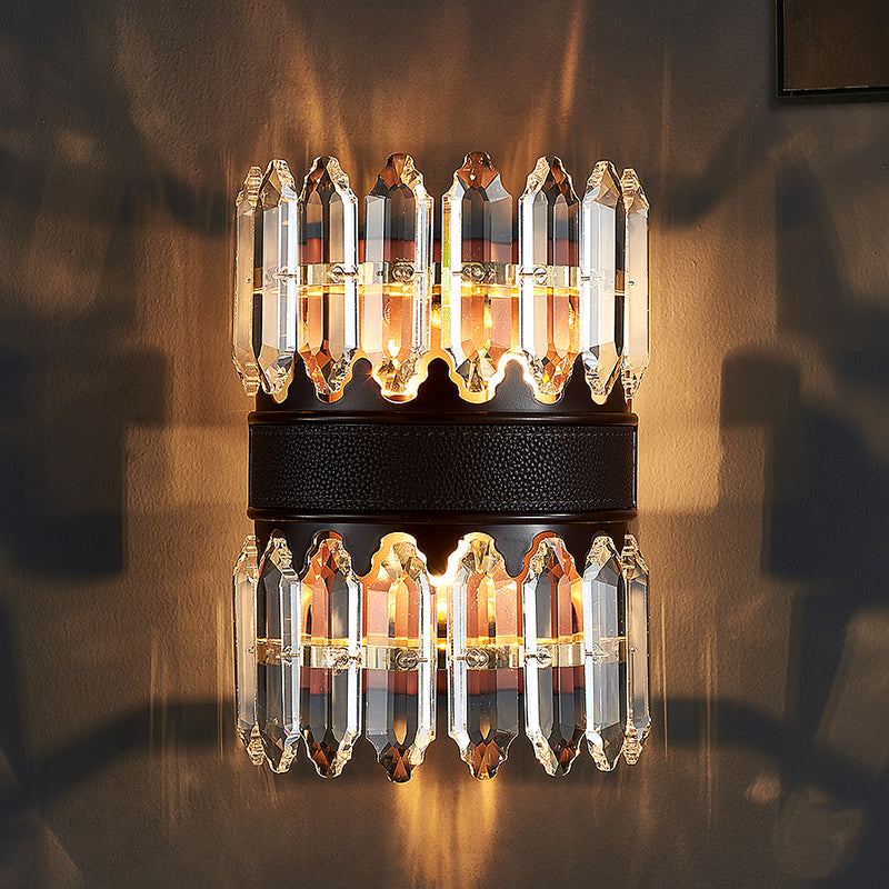 Crystal Block Cylinder Wall Lighting Fixture Modern 2/4 Lights Black Wall Sconce Light