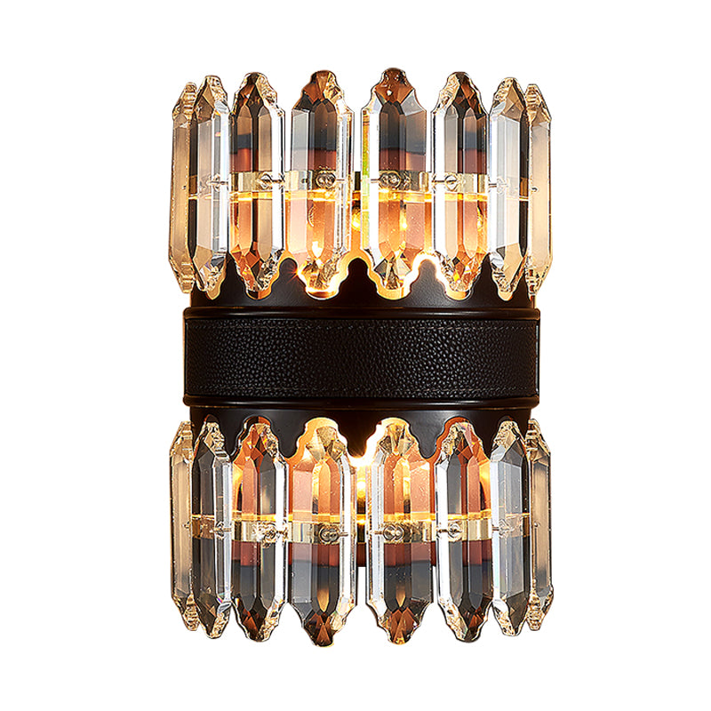 Crystal Block Cylinder Wall Lighting Fixture Modern 2/4 Lights Black Wall Sconce Light