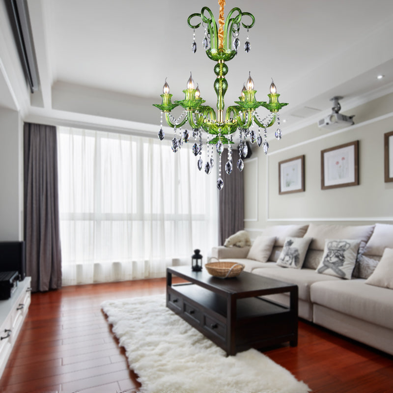 Candle Green Glass Chandelier Lamp Traditional 6 Heads Dining Room Hanging Ceiling Light with Crystal Drip Decoration
