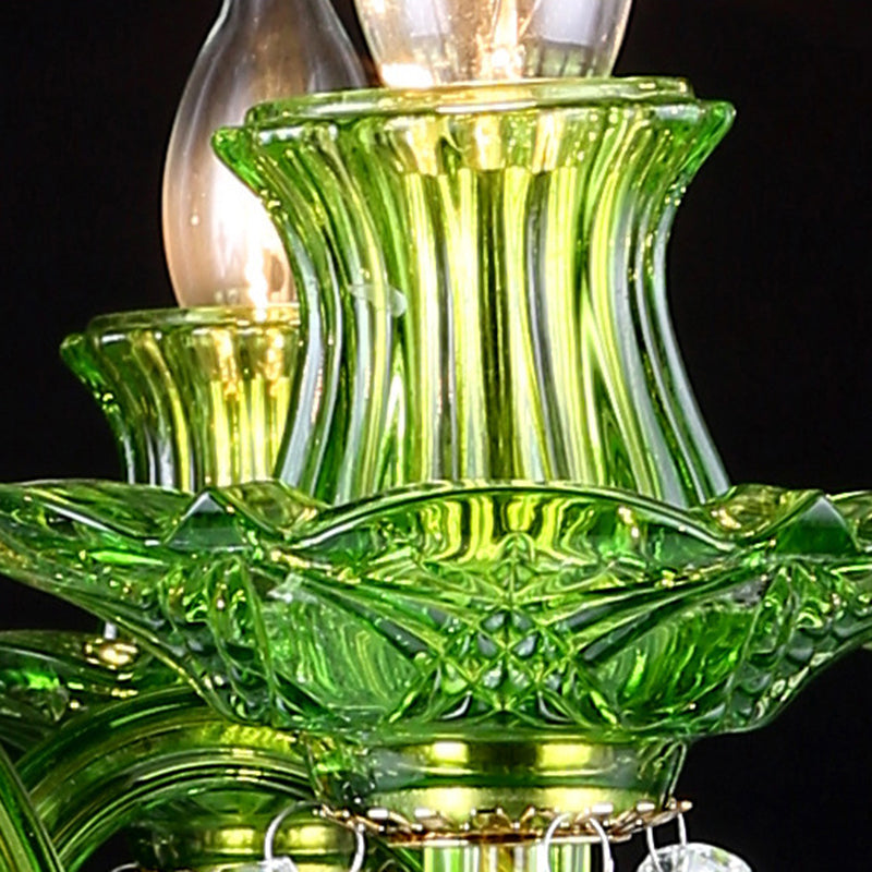 Candle Green Glass Chandelier Lamp Traditional 6 Heads Dining Room Hanging Ceiling Light with Crystal Drip Decoration
