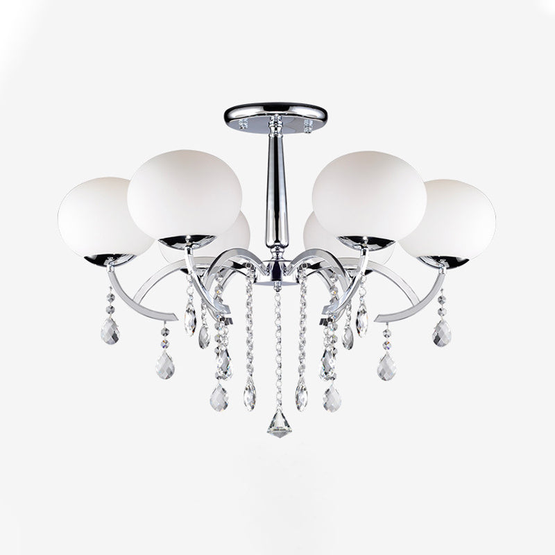 Milky Glass Ball Semi Chandelier Light Traditional 6-Light Chrome Finish Ceiling Lamp with Crystal Droplet
