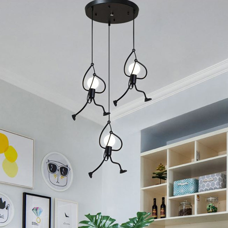 Black Cartoon Person Shaped Suspension Pendant Art Deco Metal Hanging Light for Bedroom