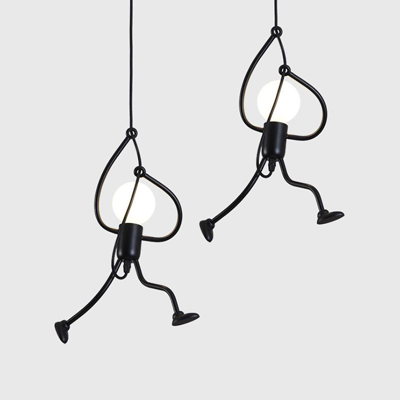 Black Cartoon Person Shaped Suspension Pendant Art Deco Metal Hanging Light for Bedroom