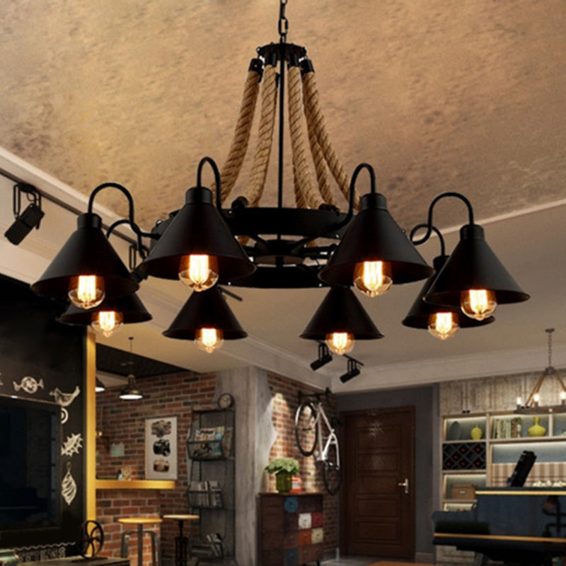 Industrial Art Hanging Chandelier Light with Rope and Cone Metal Shade in Black