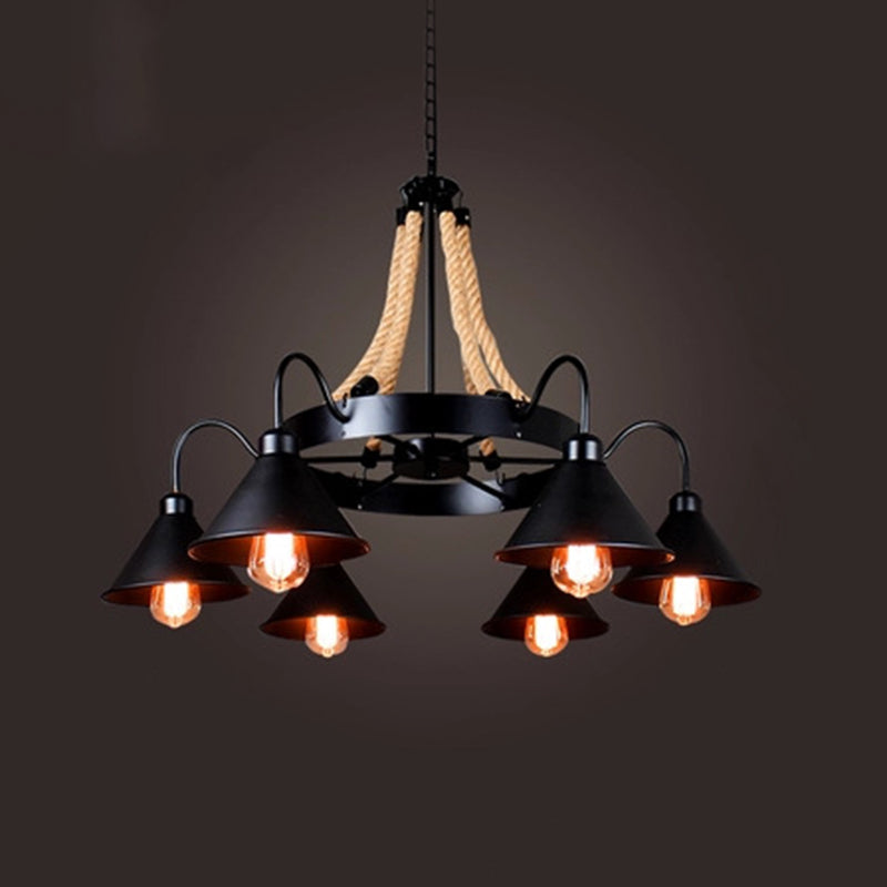 Industrial Art Hanging Chandelier Light with Rope and Cone Metal Shade in Black