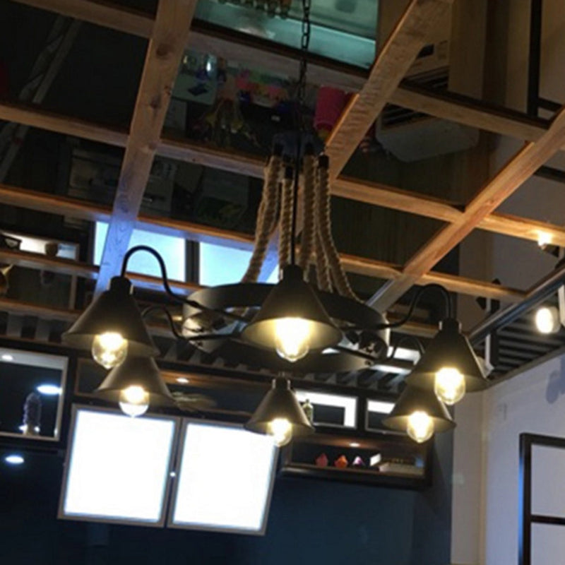Industrial Art Hanging Chandelier Light with Rope and Cone Metal Shade in Black