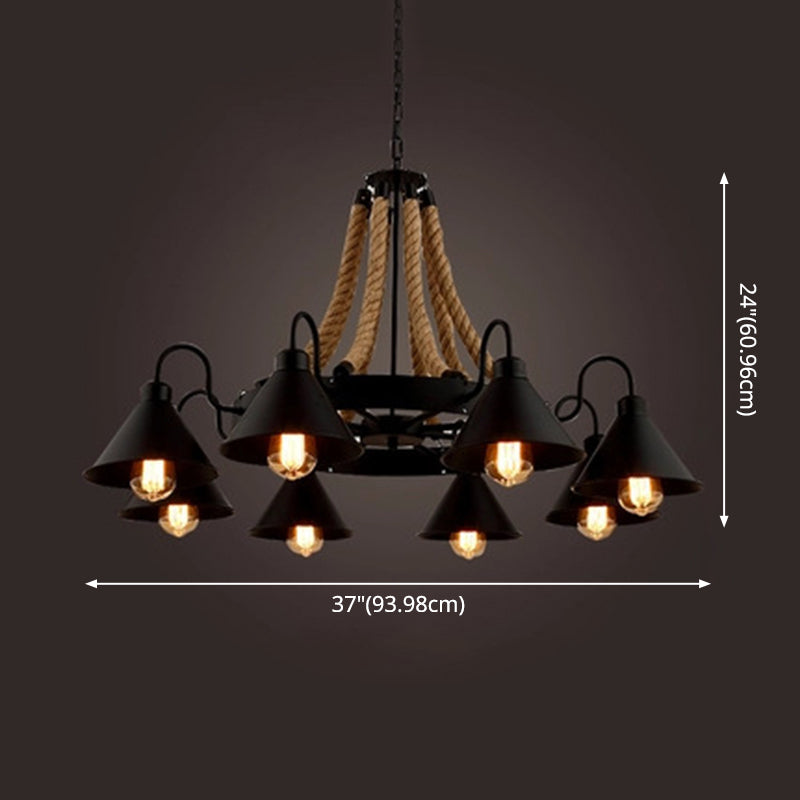 Industrial Art Hanging Chandelier Light with Rope and Cone Metal Shade in Black