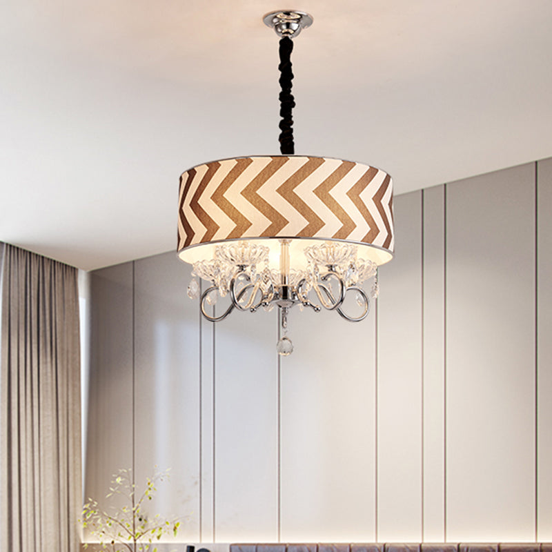 Drum Beige Fabric Chandelier Lamp Traditional 5 Heads Bedroom Hanging Light Fixture with Crystal Drop
