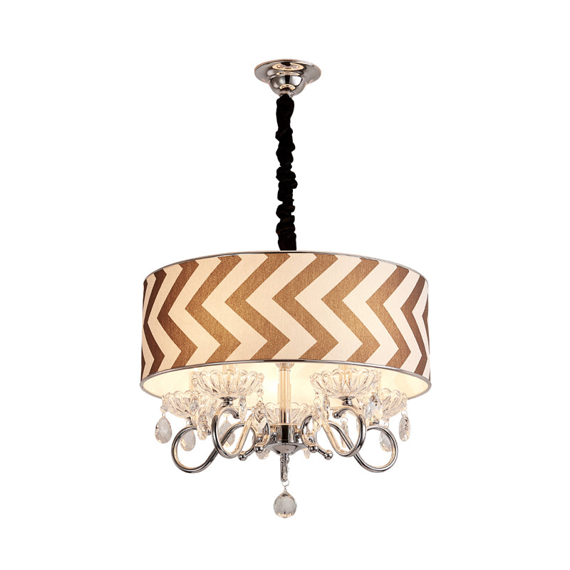 Drum Beige Fabric Chandelier Lamp Traditional 5 Heads Bedroom Hanging Light Fixture with Crystal Drop