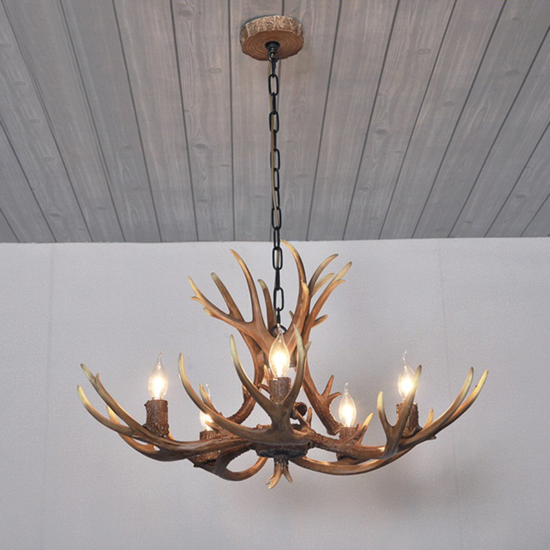 5 Lights Resin Chandelier Lamp Classic White/Brown and Yellow Antler Dining Room Hanging Ceiling Light with/without Shade