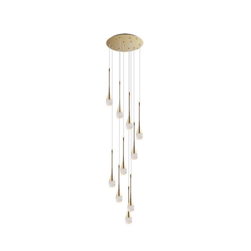 Modern Brass Crystal Hanging Light Long LED Cone Cascade Pendant Lights for Stairwell