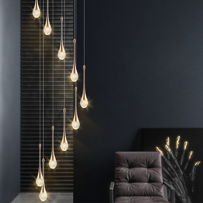 Modern Brass Crystal Hanging Light Long LED Cone Cascade Pendant Lights for Stairwell