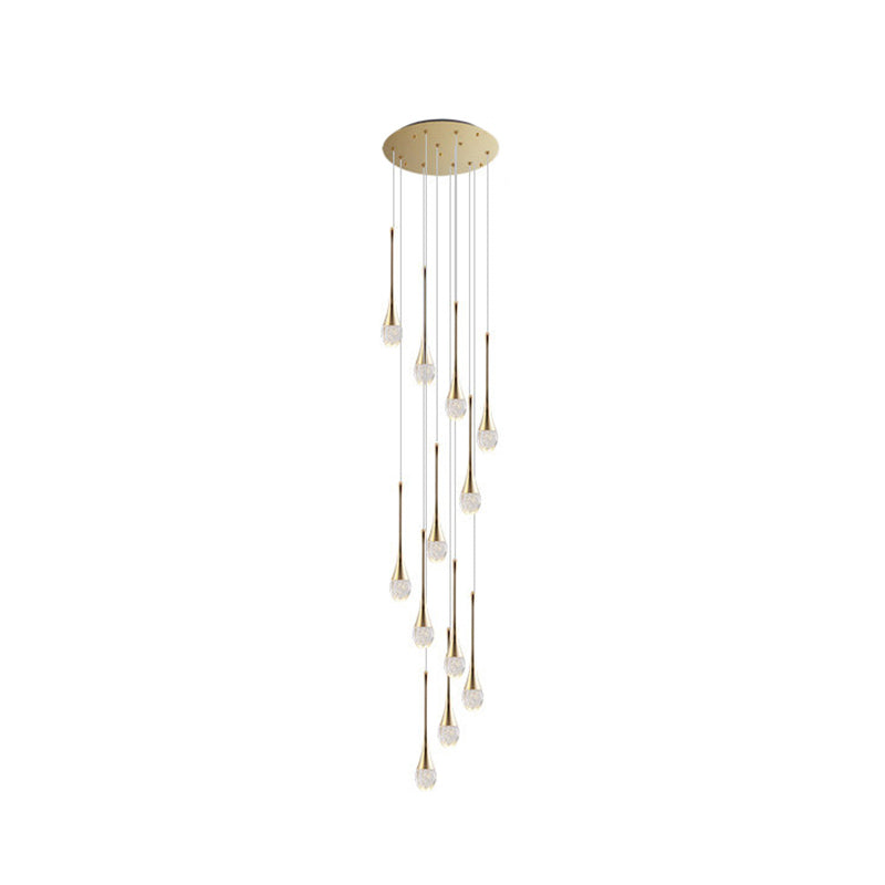Modern Brass Crystal Hanging Light Long LED Cone Cascade Pendant Lights for Stairwell