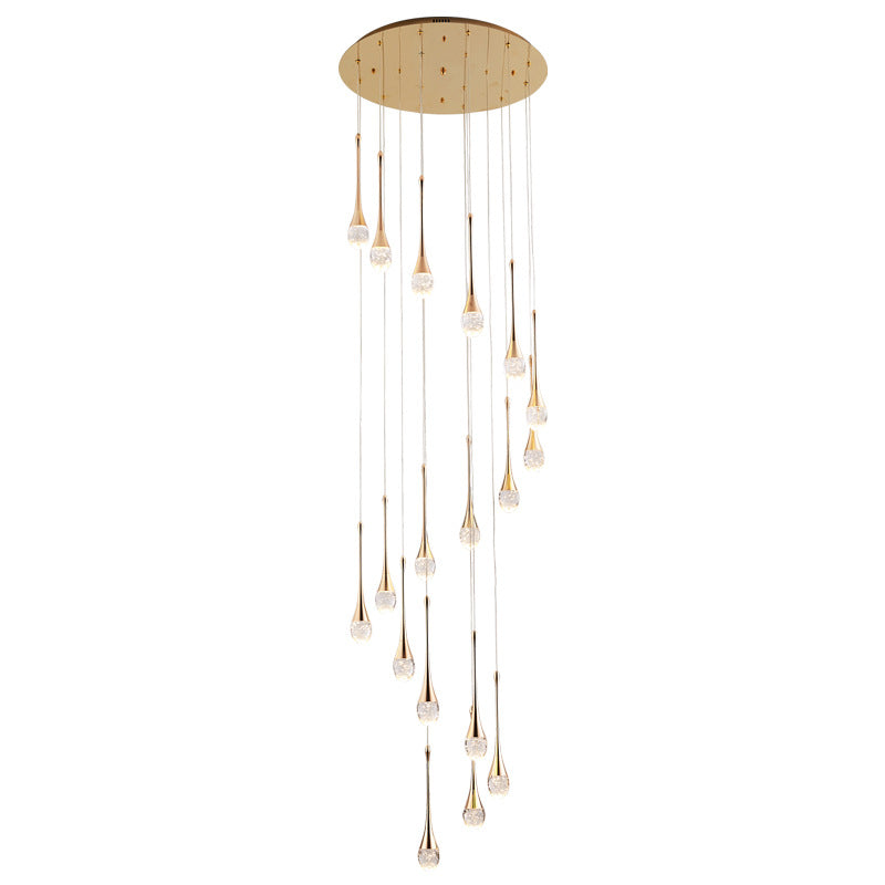 Modern Brass Crystal Hanging Light Long LED Cone Cascade Pendant Lights for Stairwell