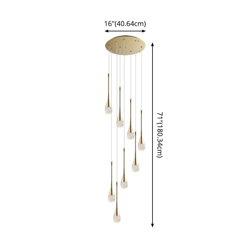 Modern Brass Crystal Hanging Light Long LED Cone Cascade Pendant Lights for Stairwell