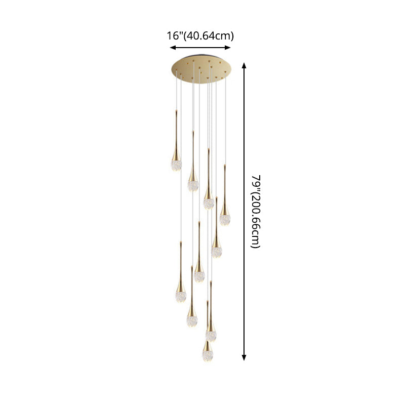 Modern Brass Crystal Hanging Light Long LED Cone Cascade Pendant Lights for Stairwell