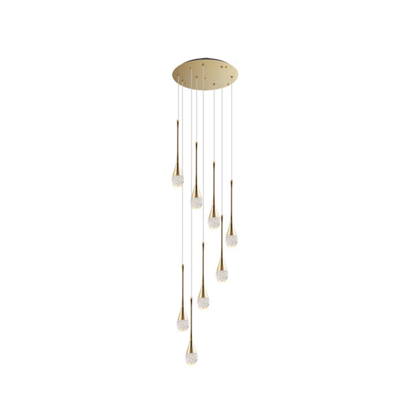 Modern Brass Crystal Hanging Light Long LED Cone Cascade Pendant Lights for Stairwell