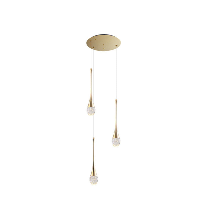 Modern Brass Crystal Hanging Light Long LED Cone Cascade Pendant Lights for Stairwell
