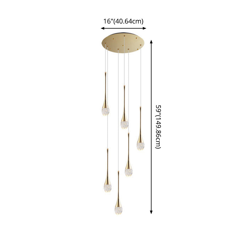 Modern Brass Crystal Hanging Light Long LED Cone Cascade Pendant Lights for Stairwell