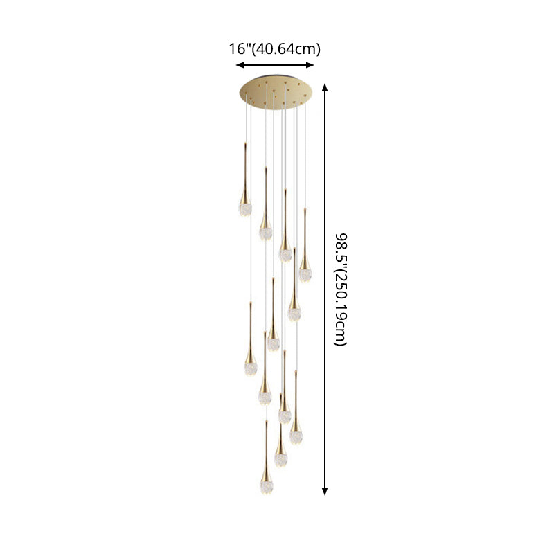Modern Brass Crystal Hanging Light Long LED Cone Cascade Pendant Lights for Stairwell