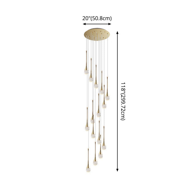 Modern Brass Crystal Hanging Light Long LED Cone Cascade Pendant Lights for Stairwell