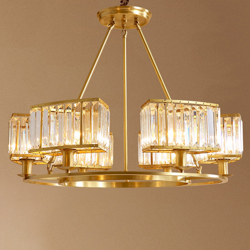 Polished Brass Round Chandelier Lighting Fixtures with 15" Adjustable Cord Modern Clear Crystal Pendant